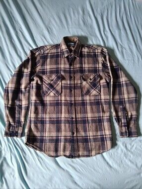 VTG 1980s Fieldmaster Wool Blend Brown & Blue Plaid Flannel Longsleeve Shirt